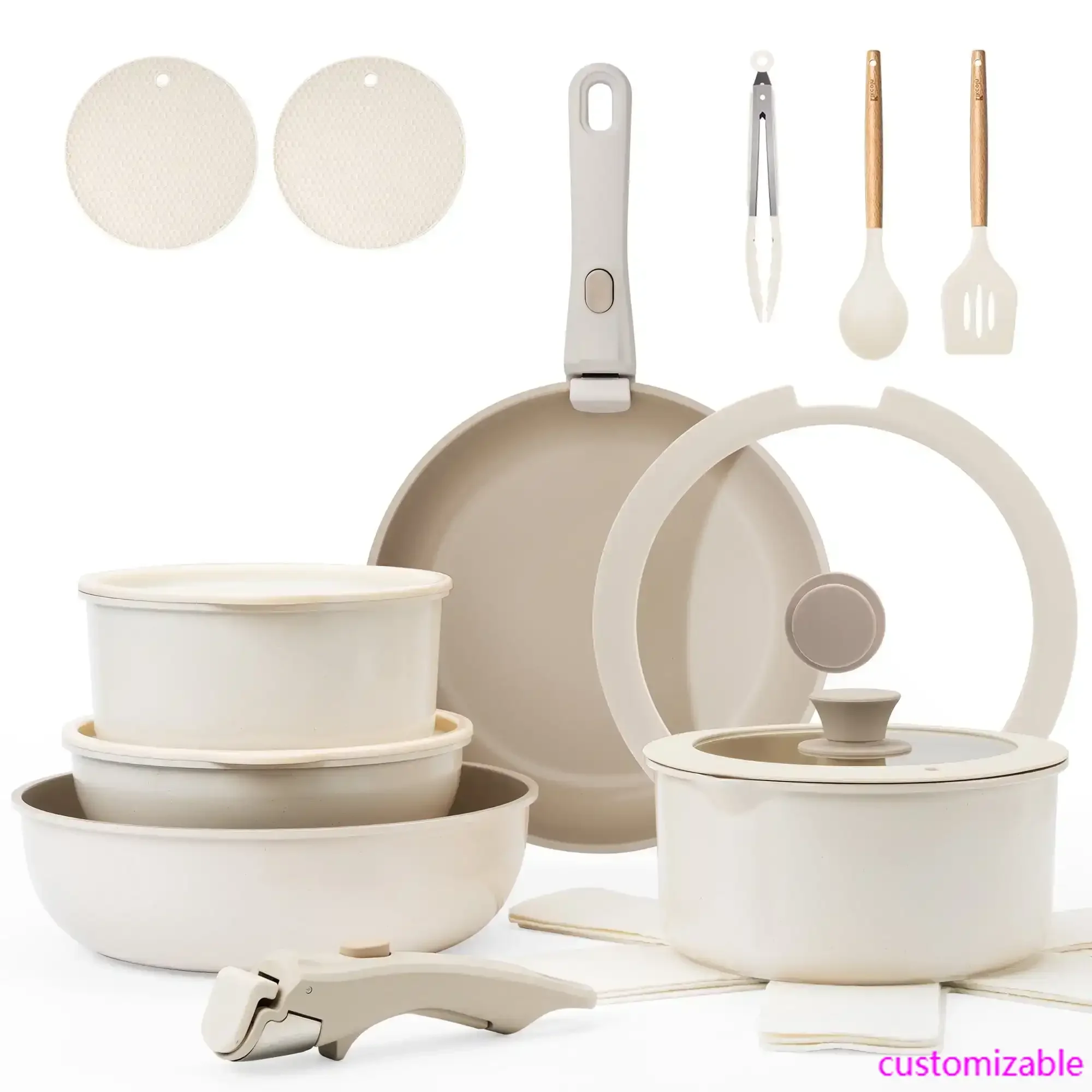 20 Pcs Non-Stick Pots and Pans Set, Non-Toxic Coating Cookware Set with Removable Handles, Induction/Oven Safe to Use(Beige)
20 Pcs Non-Stick Pots and Pans Set, Non-Toxic Coating Cookware Set with Removable Handles, Induction/Oven Safe to Use(Beige)