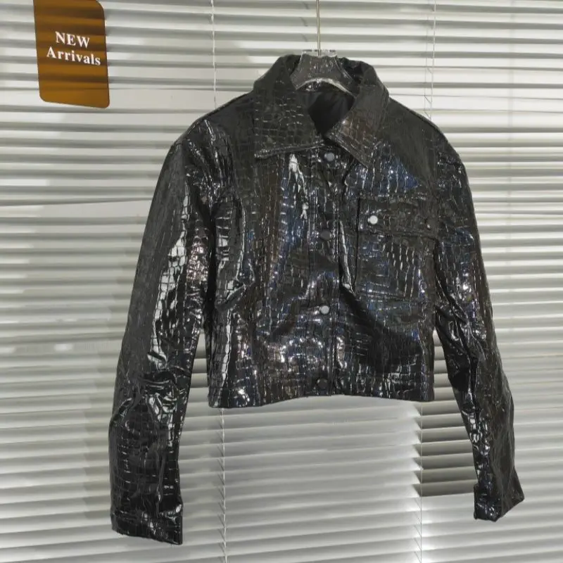 Fashion black short leather jacket for women crocodile pattern PU patent leather jacket female leather coat Y610
Fashion black short leather jacket for women crocodile pattern PU patent leather jacket female leather coat Y610