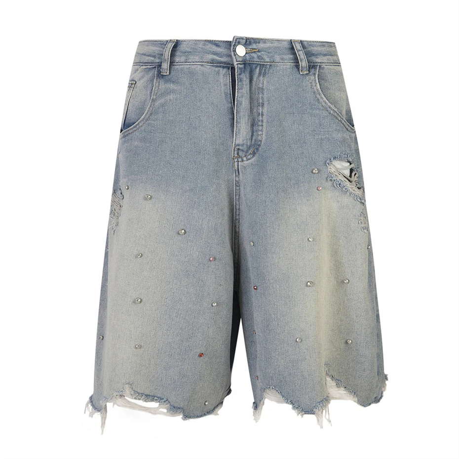 Hip Hop Rhinestone Jeans Short Men Women Vintage Ripped Hole Denim Pants Men Streetwear Punk Summer Raw Edge Knee Length Shorts
Hip Hop Rhinestone Jeans Short Men Women Vintage Ripped Hole Denim Pants Men Streetwear Punk Summer Raw Edge Knee Length Shorts