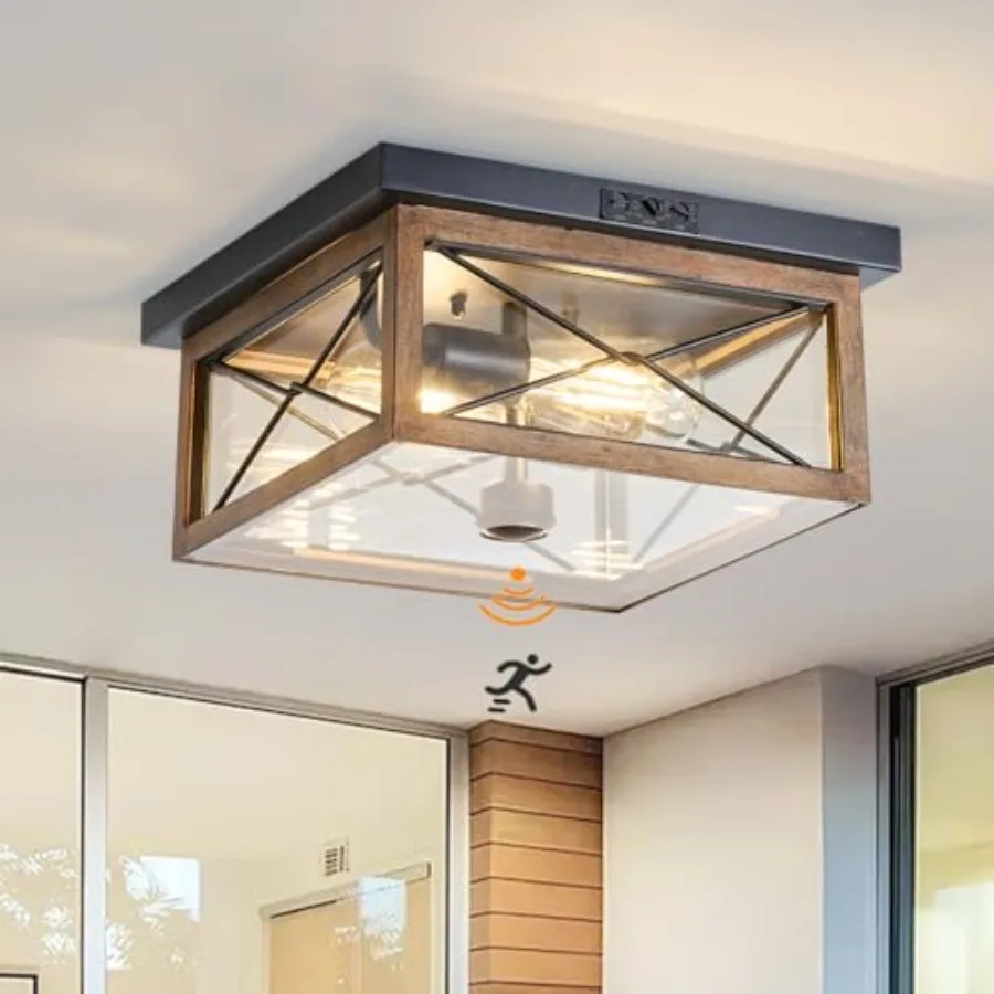 Motion Sensor Outdoor Flush Mount Ceiling Light Industrial Glass Rustic Wood-Like Finish 2-Light Ceiling Lamp for Porch Entrywa
Motion Sensor Outdoor Flush Mount Ceiling Light Industrial Glass Rustic Wood-Like Finish 2-Light Ceiling Lamp for Porch Entrywa