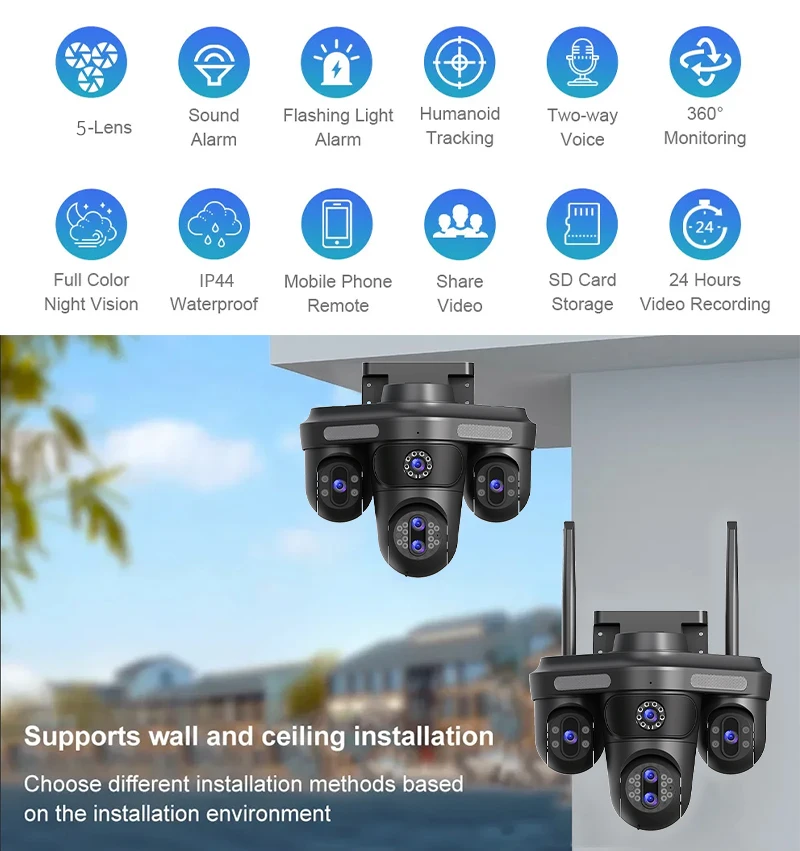 Five Ultra-Clear Cameras That Can Rotate 360 Degrees Four-Screen Single-Zoom Ptz Pixel Security Camera with Color Night Vision, Wifi, Motion Detection, and Visual Alarm Functions.
Five Ultra-Clear Cameras That Can Rotate 360 Degrees Four-Screen Single-Zoom Ptz Pixel Security Camera with Color Night Vision, Wifi, Motion Detection, and Visual Alarm Functions.