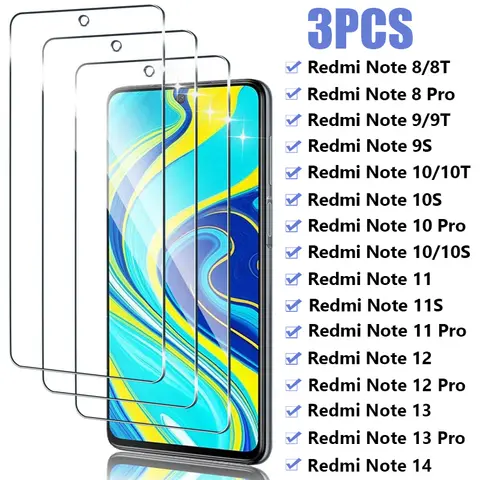 3PCS Tempered Glass For Xiaomi Redmi Note 12 11 10 9 8 Pro 12S 11S 10S 9S 8T Screen Protector For Redmi Note 14 13 Pro 5G Glass