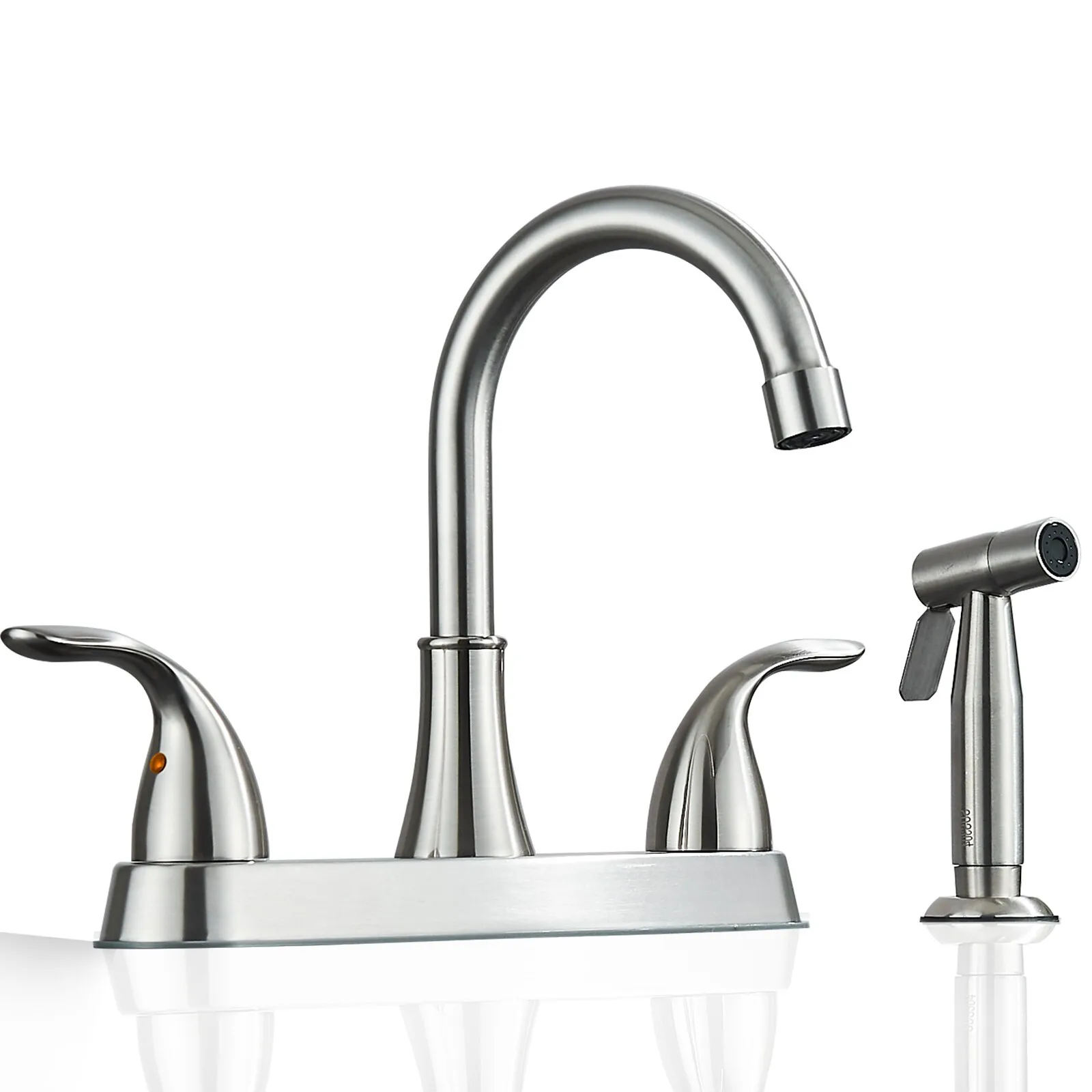 Кухонный смеситель из матового никеля с 2 ручками, 4 отверстиями и боковым распылителем
Кухонный смеситель из матового никеля с 2 ручками, 4 отверстиями и боковым распылителем