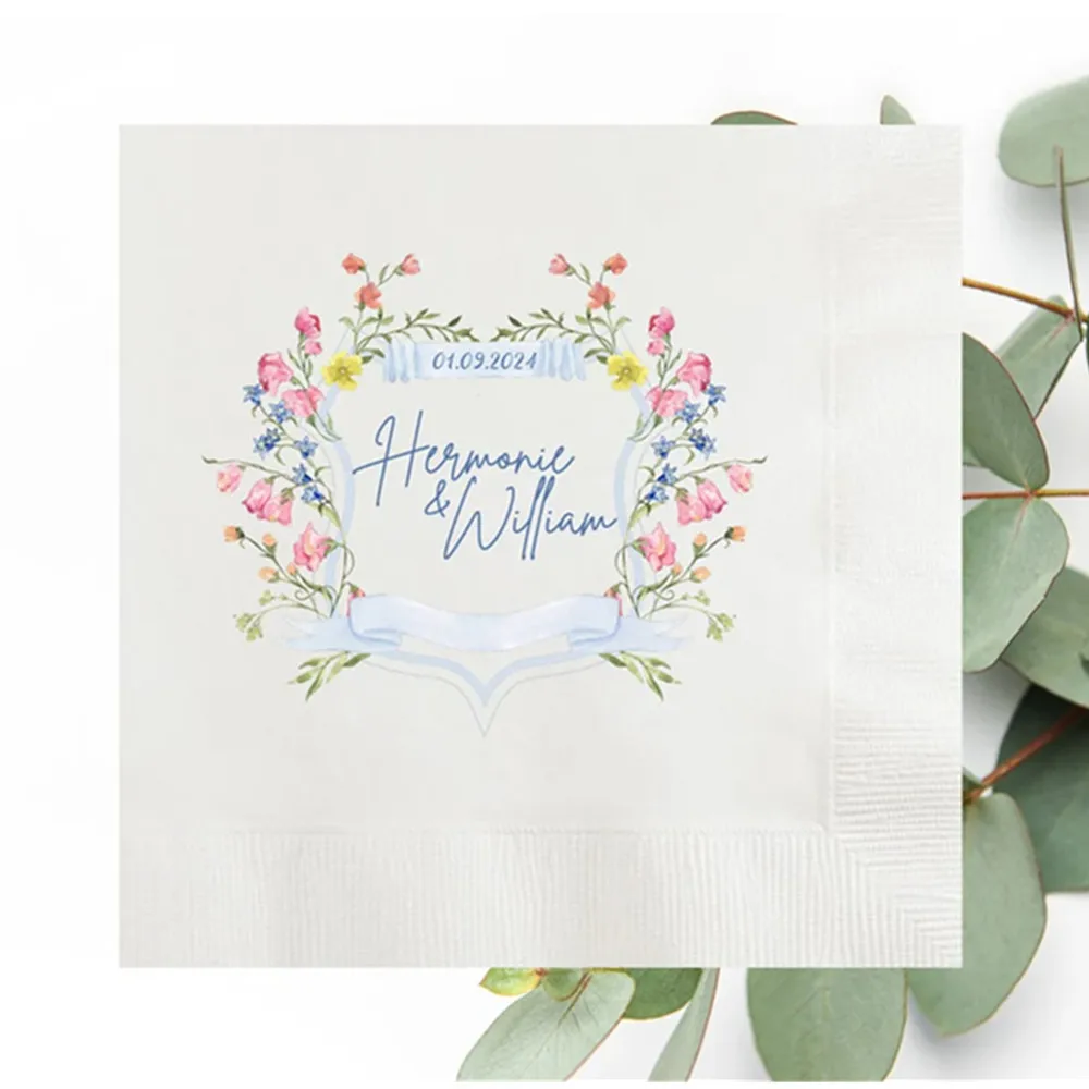 50PCS Floral Crest Custom Wedding Napkins, Personalized Modern Full Color Printed Napkin, Vow Renewal, Anniversary, Rehearsal Di
50PCS Floral Crest Custom Wedding Napkins, Personalized Modern Full Color Printed Napkin, Vow Renewal, Anniversary, Rehearsal Di