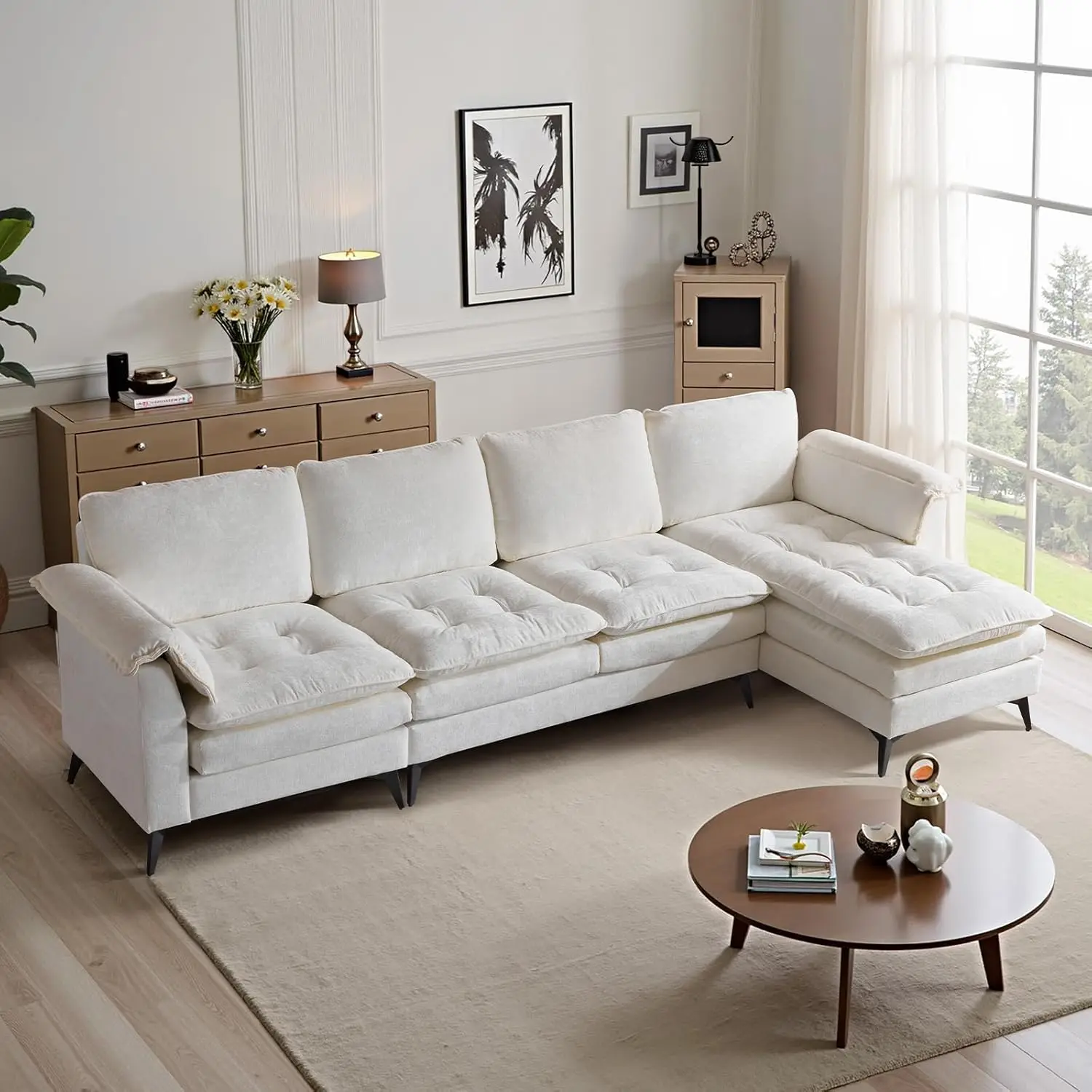 129'' Reversible Sectional Sofa L-Shape Comfy Cloud Seat Cushion Double Pads Living Room Chaise Creamy White, Customized
129'' Reversible Sectional Sofa L-Shape Comfy Cloud Seat Cushion Double Pads Living Room Chaise Creamy White, Customized