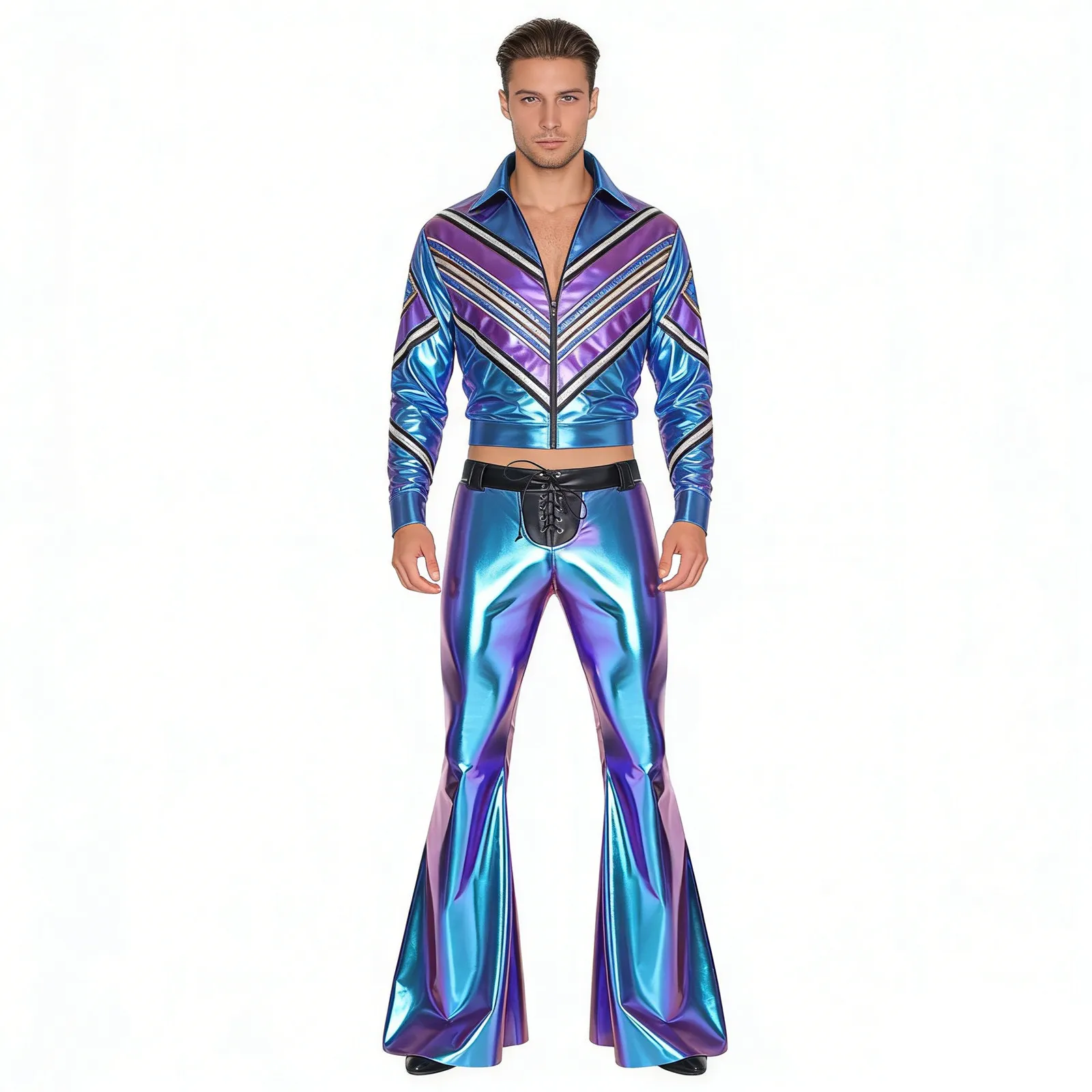 Men 70-80s Disco Hippie Cowboy Cosplay Costume Metallic Shiny Flared Pants Trousers Clubwear for Halloween Vintage Theme Party
Men 70-80s Disco Hippie Cowboy Cosplay Costume Metallic Shiny Flared Pants Trousers Clubwear for Halloween Vintage Theme Party