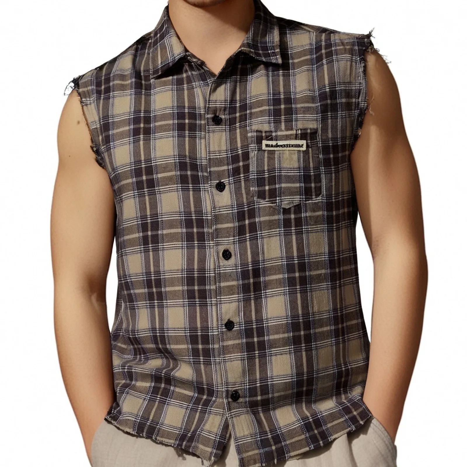 Men Sleeveless Plaid Shirts Streetwear Rough Edges Lattice Shirts Pocket Lapel Collar Button Male Tops Clothes
Men Sleeveless Plaid Shirts Streetwear Rough Edges Lattice Shirts Pocket Lapel Collar Button Male Tops Clothes