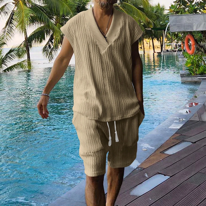 Vintage Jacquard Knitting Mens Two Piece Sets Casual Solid Color V Neck Sleeveless Tank Tops And Shorts Suits Men Summer Outfits
Vintage Jacquard Knitting Mens Two Piece Sets Casual Solid Color V Neck Sleeveless Tank Tops And Shorts Suits Men Summer Outfits