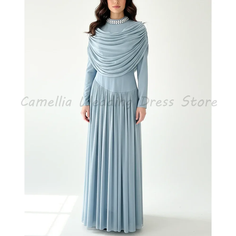 Dusty Blue High Neck Evening Gown with Beaded Neckline Draped Cape Detail Pleated Chiffon A-Line Formal Maxi Dress
Dusty Blue High Neck Evening Gown with Beaded Neckline Draped Cape Detail Pleated Chiffon A-Line Formal Maxi Dress