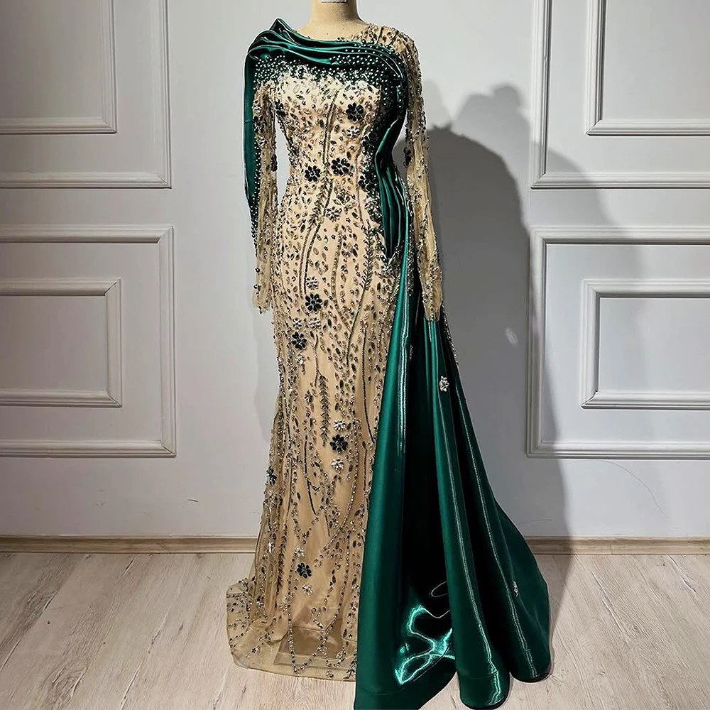 Dubai Elegant Green Long Sleeve Mermaid Prom Dress Side Train Evening Dress Arabic Beaded Crystal Celebrity Dress Customized
Dubai Elegant Green Long Sleeve Mermaid Prom Dress Side Train Evening Dress Arabic Beaded Crystal Celebrity Dress Customized