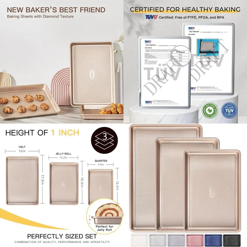Set of 3 Nonstick Baking Sheets with Diamond Pattern, Half/Quarter/Jelly Roll Pans, 0.8mm Thick, Heavy Duty, Champagne Gold
Set of 3 Nonstick Baking Sheets with Diamond Pattern, Half/Quarter/Jelly Roll Pans, 0.8mm Thick, Heavy Duty, Champagne Gold