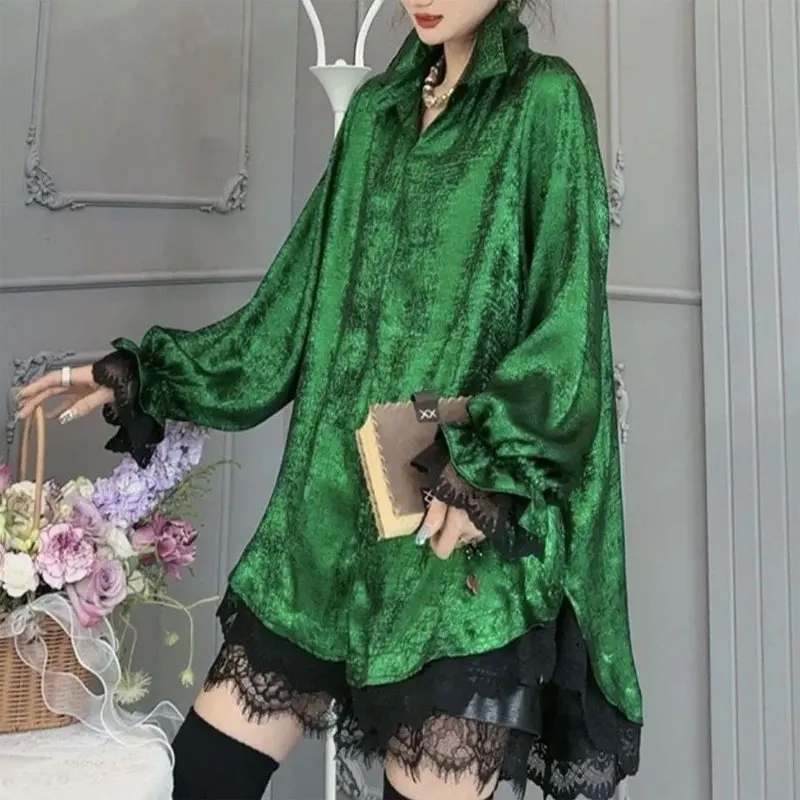 2025 Spring Autumn Polo-Neck Female Clothing Solid Color Bright Silk Shirt Fashion Lace Patchwork Blouse Commute Single-breasted
2025 Spring Autumn Polo-Neck Female Clothing Solid Color Bright Silk Shirt Fashion Lace Patchwork Blouse Commute Single-breasted