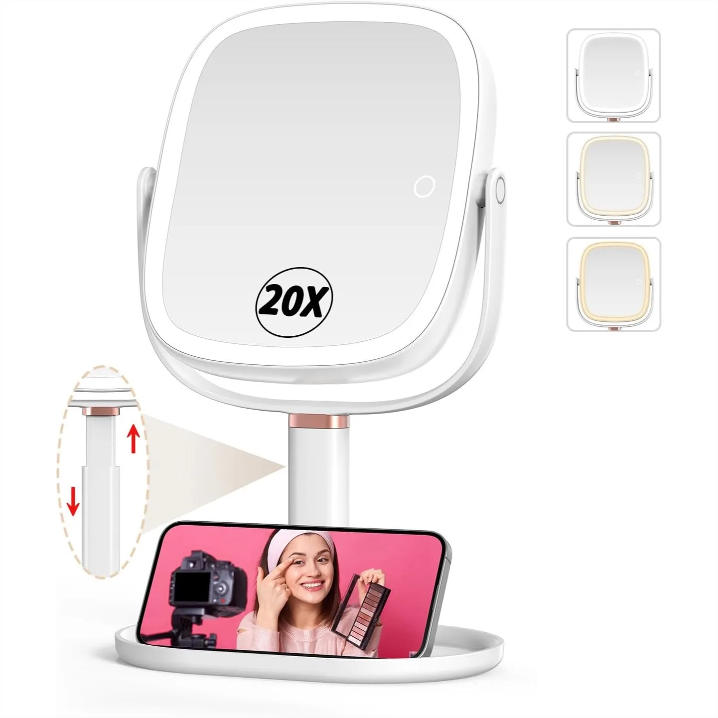Double Sided 1X 20X Magnifying Makeup Mirror With Lights 3 Color Modes Height Adjustable 360 Rotation Memory Function White
Double Sided 1X 20X Magnifying Makeup Mirror With Lights 3 Color Modes Height Adjustable 360 Rotation Memory Function White