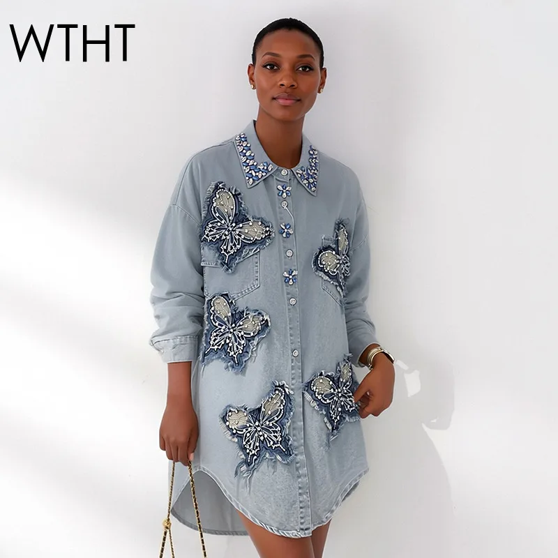 WTHT New Summer 2026 Women's Patchwork Rhinestone Butterfly Denim Blouse Fashion Stand Collar Washed Shirt Female 1LS3046
WTHT New Summer 2026 Women's Patchwork Rhinestone Butterfly Denim Blouse Fashion Stand Collar Washed Shirt Female 1LS3046