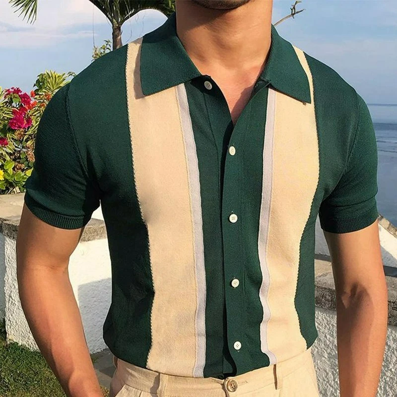 European and American New Men Lapel Contrasting T-shirt Single-breasted Cardigan Knitted Short-sleeved POLO Shirt Individuality
European and American New Men Lapel Contrasting T-shirt Single-breasted Cardigan Knitted Short-sleeved POLO Shirt Individuality