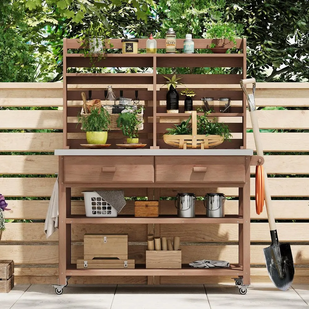 H Outdoor Potting Bench Table with Storage Solid Wood Large Outdoor Kitchen Island with Lockable Wheels, Stainless Steel Top, U
H Outdoor Potting Bench Table with Storage Solid Wood Large Outdoor Kitchen Island with Lockable Wheels, Stainless Steel Top, U