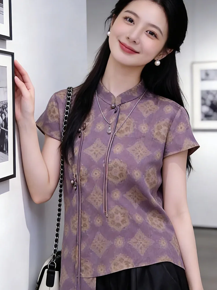 Elegant Purple Floral Print Short Sleeve Shirt Chinese Style Loose Fit Women's Summer Top Button up Casual Fashion
Elegant Purple Floral Print Short Sleeve Shirt Chinese Style Loose Fit Women's Summer Top Button up Casual Fashion