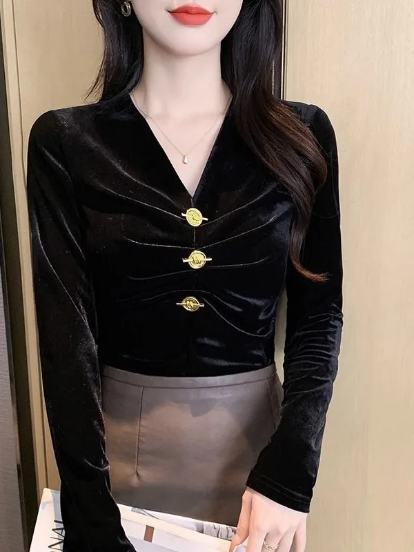 Velvet Long Sleeve V-Neck Women's T-Shirt Slimming Base Shirt Age-Defying Korean Style Commute Fashion Folded Design Trendy
Velvet Long Sleeve V-Neck Women's T-Shirt Slimming Base Shirt Age-Defying Korean Style Commute Fashion Folded Design Trendy