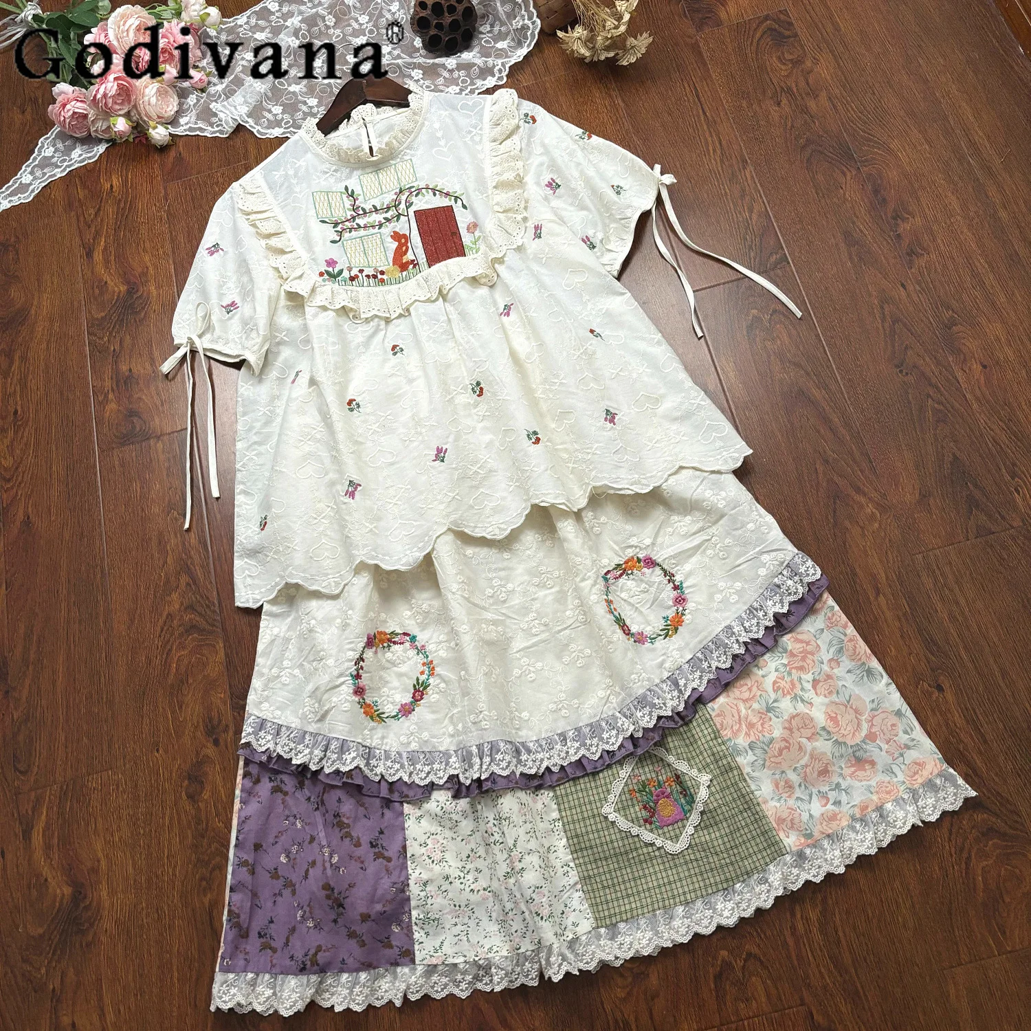 Japanese Mori Girl Style Sweet Retro Short Sleeve Shirt + Skirt 2 Piece Set Summer Womens Soft Girl Embroidered Lace Clothes Set
Japanese Mori Girl Style Sweet Retro Short Sleeve Shirt + Skirt 2 Piece Set Summer Womens Soft Girl Embroidered Lace Clothes Set