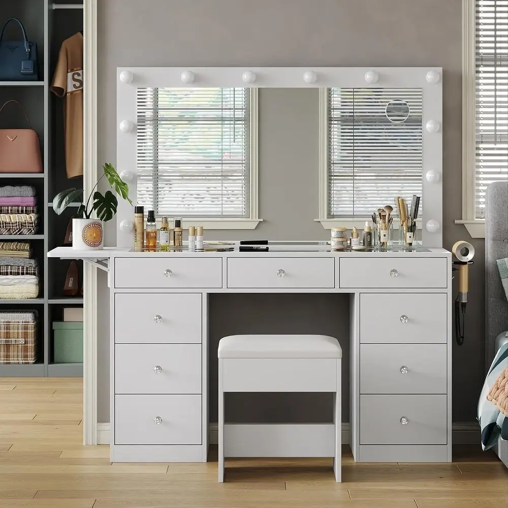 Contemporary 9 Drawer LED Vanity Desk with Glass Top for Makeup and Bedroom Use
Contemporary 9 Drawer LED Vanity Desk with Glass Top for Makeup and Bedroom Use