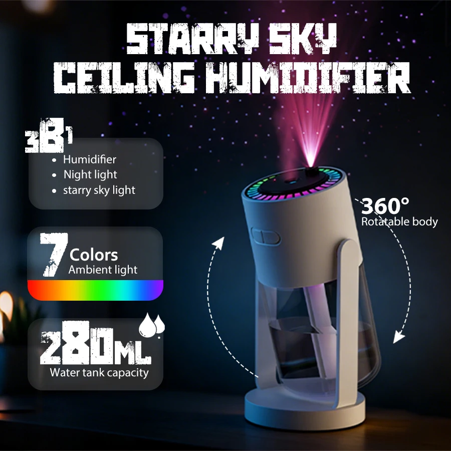 Portable Air Humidifier with Star Projector, 280ml Cool Mist USB Humidifier, Colorful Night Light, Auto Shut-Off, Quiet
Portable Air Humidifier with Star Projector, 280ml Cool Mist USB Humidifier, Colorful Night Light, Auto Shut-Off, Quiet