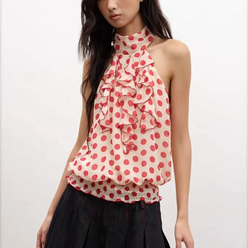 Women's Polka Dot Halter Neck Top Sleeveless Ruffle Trim Chiffon Blouse Elastic Waist Casual Summer Top
Women's Polka Dot Halter Neck Top Sleeveless Ruffle Trim Chiffon Blouse Elastic Waist Casual Summer Top
