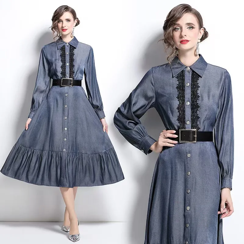 New high-end dress with French lace stitching fashionable shirt style long skirt retro style lapel denim dress women clothing
New high-end dress with French lace stitching fashionable shirt style long skirt retro style lapel denim dress women clothing