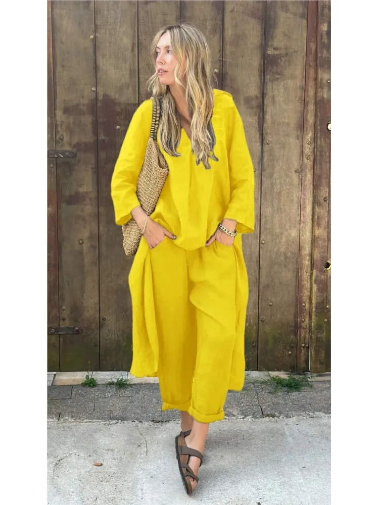 Summer Fashion Cotton Linen Pocket Two Piece Sets Women Casual Loose Solid Irregular Top Small Feet Trousers Ladies Office Set
Summer Fashion Cotton Linen Pocket Two Piece Sets Women Casual Loose Solid Irregular Top Small Feet Trousers Ladies Office Set