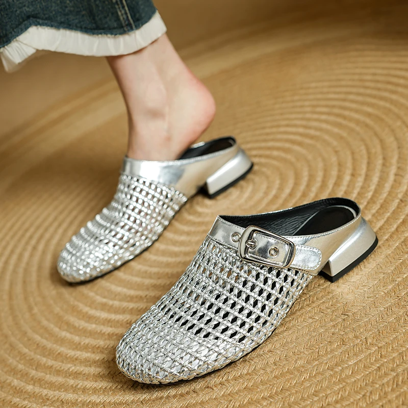 Design Casual Summer Weave Sandals Women Genuine Leather Covered Toe Belt Buckle Low Heels Vacation Beach Slippers Shoes Silver
Design Casual Summer Weave Sandals Women Genuine Leather Covered Toe Belt Buckle Low Heels Vacation Beach Slippers Shoes Silver