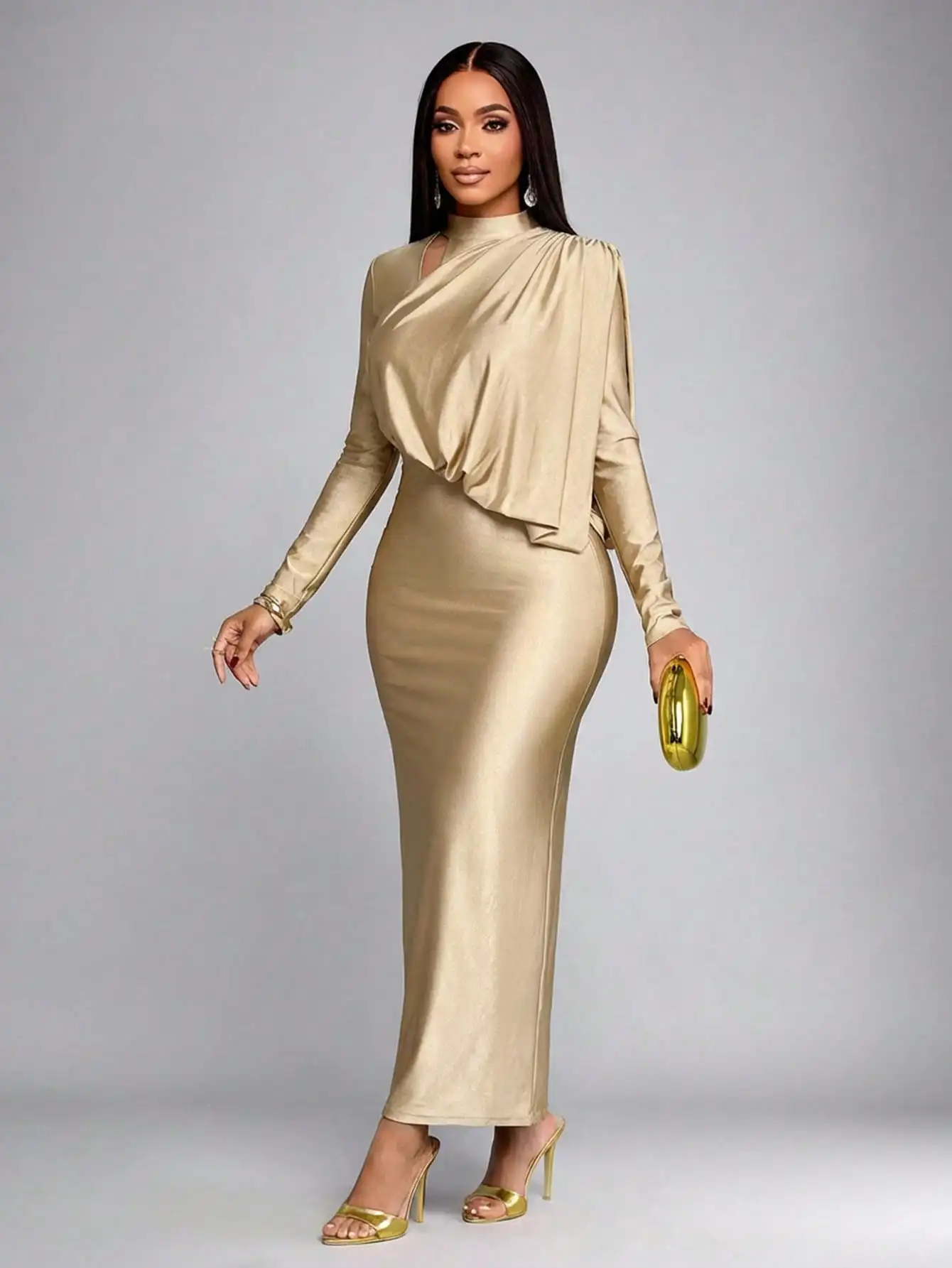 Elegant Gold Maxi Dress with Asymmetrical Drape, Long Sleeves, High Neck, Fitted Silhouette
Elegant Gold Maxi Dress with Asymmetrical Drape, Long Sleeves, High Neck, Fitted Silhouette