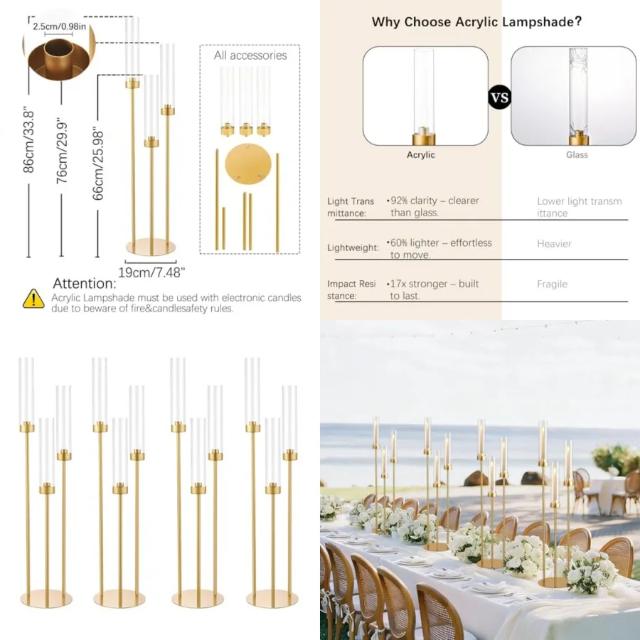 pcs Gold Candelabra 3 Arm Taper Candle Holders with Acrylic Lampshade, 33.8'' Tall Candelabra Centerpiece for Table, Wedding, P
pcs Gold Candelabra 3 Arm Taper Candle Holders with Acrylic Lampshade, 33.8'' Tall Candelabra Centerpiece for Table, Wedding, P