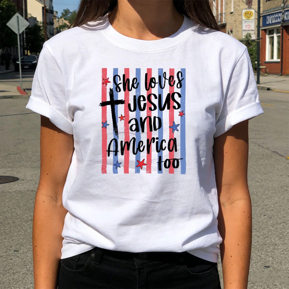 She Loves Jesus and America Too T-shirt America 4th of July Gift Shirt Jesus Christian Women Tshirt Independence Day Y2K Tee
She Loves Jesus and America Too T-shirt America 4th of July Gift Shirt Jesus Christian Women Tshirt Independence Day Y2K Tee