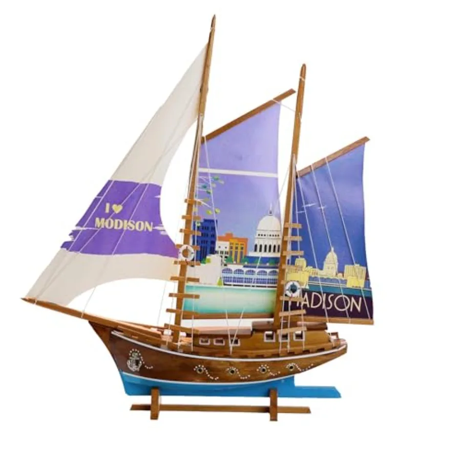 Handmade Modison printed fabric sailing yacht ship model, wooden, navy blue and white, nautical home decor and gifts
Handmade Modison printed fabric sailing yacht ship model, wooden, navy blue and white, nautical home decor and gifts
