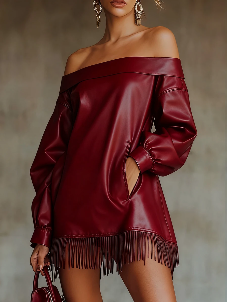 Off The Shoulder PU Leather Mini Dress Lantern Sleeve Long Sleeve Tassel Hem Retro Casual Pocket Loose Straight Dress for Women
Off The Shoulder PU Leather Mini Dress Lantern Sleeve Long Sleeve Tassel Hem Retro Casual Pocket Loose Straight Dress for Women