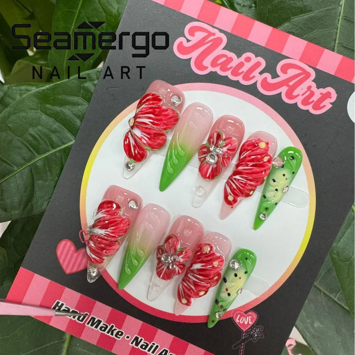 10PCS Long Stiletto Handmade Nails Sweet Pink Green False Nails with 3D Red Flower Leaf Rhinestone Design Fake Nails for Women
10PCS Long Stiletto Handmade Nails Sweet Pink Green False Nails with 3D Red Flower Leaf Rhinestone Design Fake Nails for Women