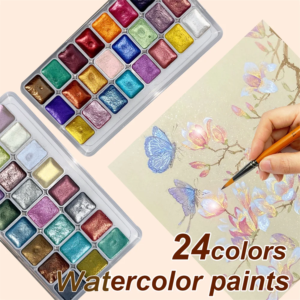 Metallic Pearlescent 24 Colors Solid Watercolor Paint Set with Portable Box for Painting,Writing,Decoration for Adults,Artists
Metallic Pearlescent 24 Colors Solid Watercolor Paint Set with Portable Box for Painting,Writing,Decoration for Adults,Artists