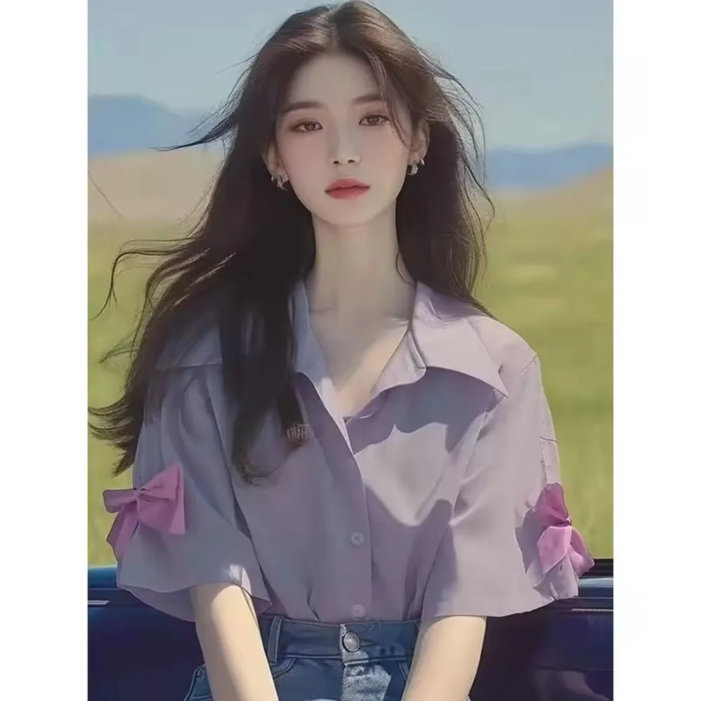 Stylish Elegant single-breasted Shirt High End French Sweet Purple Bow Tie Blouse for Women in Summer Ladies
Stylish Elegant single-breasted Shirt High End French Sweet Purple Bow Tie Blouse for Women in Summer Ladies