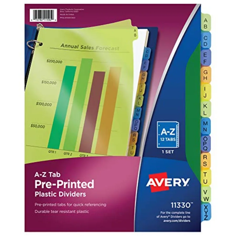 Plastic A-Z 12-Tab Dividers for 3 Ring Binders, Pre-Printed Multicolor Tabs, 1 Set 11330
Plastic A-Z 12-Tab Dividers for 3 Ring Binders, Pre-Printed Multicolor Tabs, 1 Set 11330