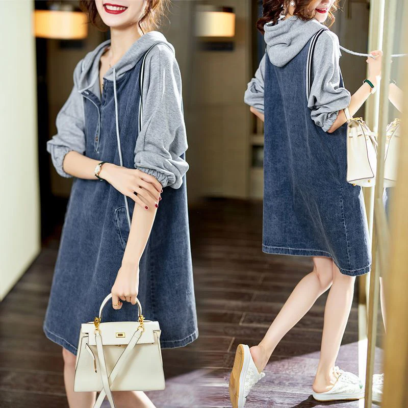 New Spring Autumn Stitching Denim Dresses Fashion Women Long Sleeve Hooded Dresses Loose Female Long Pullover Cowboy Dresses 5XL
New Spring Autumn Stitching Denim Dresses Fashion Women Long Sleeve Hooded Dresses Loose Female Long Pullover Cowboy Dresses 5XL