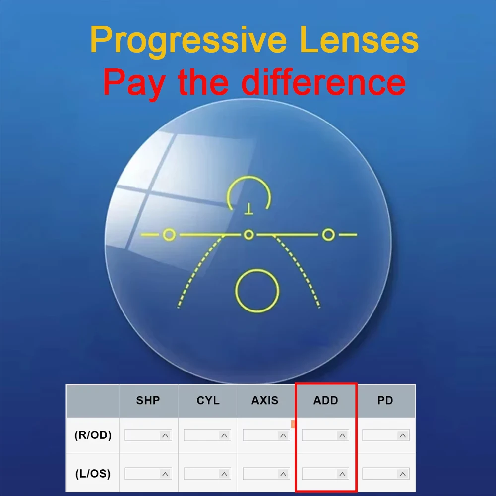 You can pay the price difference to purchase progressive lenses (ADD).
You can pay the price difference to purchase progressive lenses (ADD).