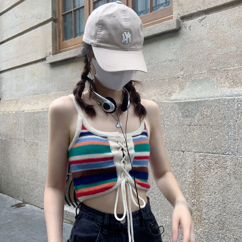 Summer Vacation Hot Girl Striped Knitted Small Strap Tank Top Women Vintage Chic Bandage Crop Camisole
Summer Vacation Hot Girl Striped Knitted Small Strap Tank Top Women Vintage Chic Bandage Crop Camisole
