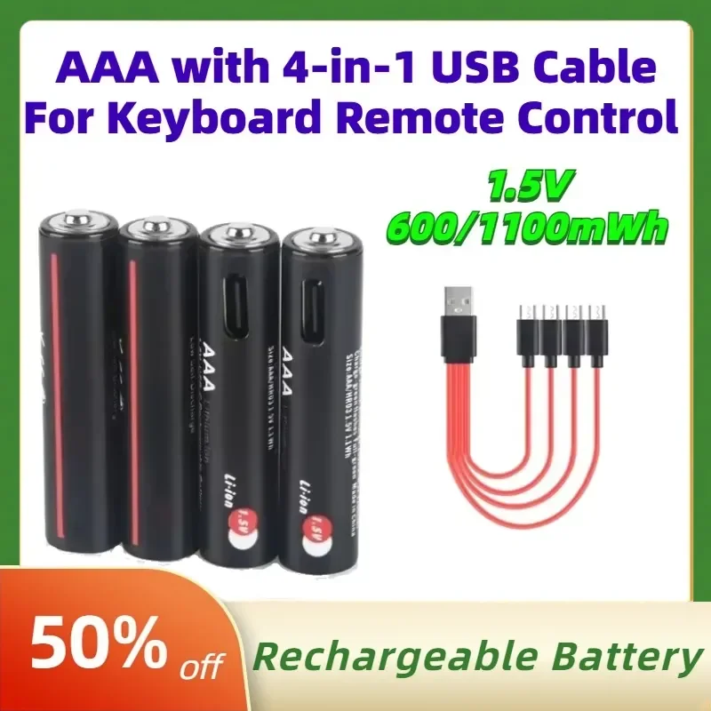 1.5V 600/1100mWh Lithium Batteries USB Li-ion AAA Rechargeable Battery with 4-in-1 USB Cable for Keyboard Remote Control
1.5V 600/1100mWh Lithium Batteries USB Li-ion AAA Rechargeable Battery with 4-in-1 USB Cable for Keyboard Remote Control
