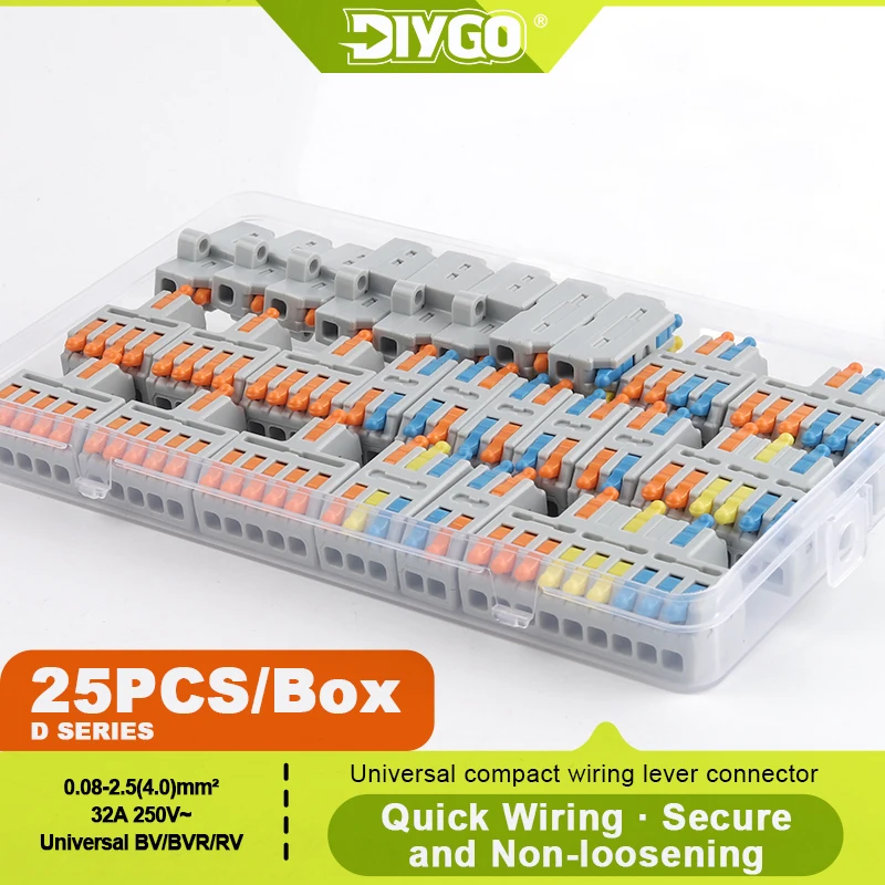 DIY GO 25PCS Fast Wire Connector Push-in Electrical Terminal Block Compact Splicing Cable Connectors for Home ELECTRICAL Connect
DIY GO 25PCS Fast Wire Connector Push-in Electrical Terminal Block Compact Splicing Cable Connectors for Home ELECTRICAL Connect