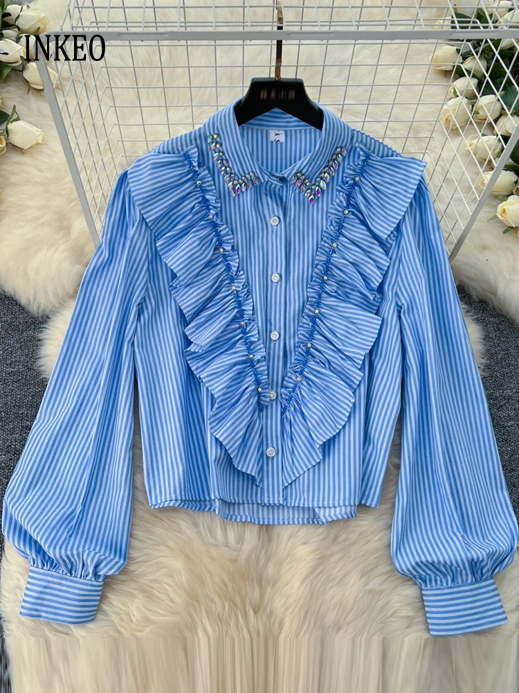 High quality Women's Rhinestone ruffles shirt Fashion Striped print cropped blouse Loose 2024 New Long sleeve tops INKEO 4T224
High quality Women's Rhinestone ruffles shirt Fashion Striped print cropped blouse Loose 2024 New Long sleeve tops INKEO 4T224
