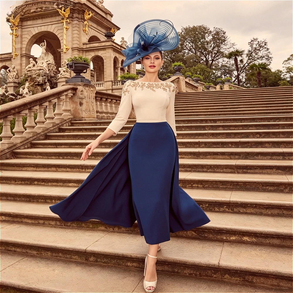 Customized Ivory Beaded 3/4 Sleeve Two Piece Mother of Bride Dress Navy Flowy Overlay Midi Formal Wedding Guest Gown
Customized Ivory Beaded 3/4 Sleeve Two Piece Mother of Bride Dress Navy Flowy Overlay Midi Formal Wedding Guest Gown