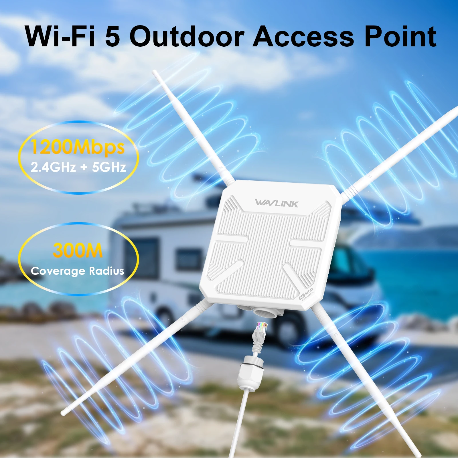 AC1200 Wi-Fi 5 Outdoor Long-Range Weatherproof Dual-Band Wi-Fi Extender with 4 x 7dBi Omni Antennas for Courtyard
AC1200 Wi-Fi 5 Outdoor Long-Range Weatherproof Dual-Band Wi-Fi Extender with 4 x 7dBi Omni Antennas for Courtyard