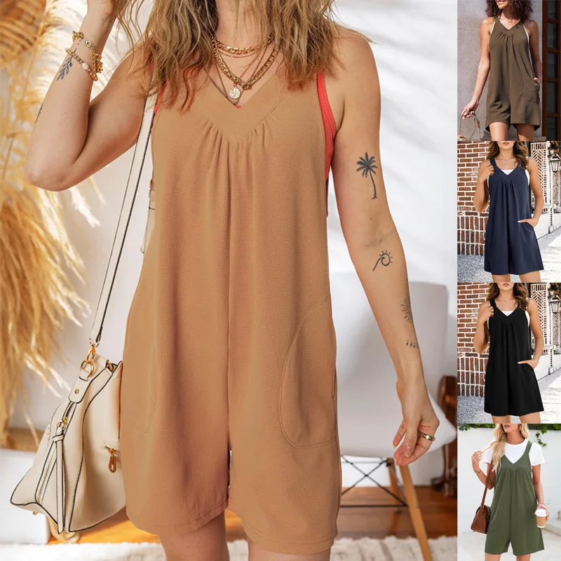 Spring Summer Womens Sleeveless Waffle Knit Solid Jumpsuit Overall Romper with Side Pockets
Spring Summer Womens Sleeveless Waffle Knit Solid Jumpsuit Overall Romper with Side Pockets