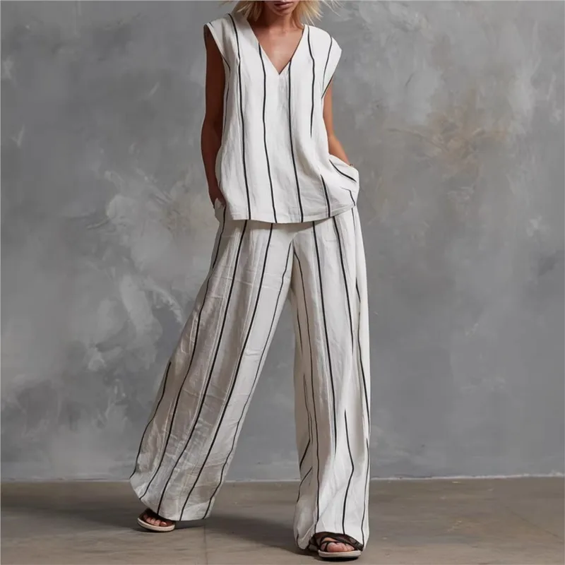 V-neck Sleeveless Top And Wide Leg Pants Two-piece Set Woman's Fashion Stripe Print Loose Simple Style Office Outfit With Pocket
V-neck Sleeveless Top And Wide Leg Pants Two-piece Set Woman's Fashion Stripe Print Loose Simple Style Office Outfit With Pocket