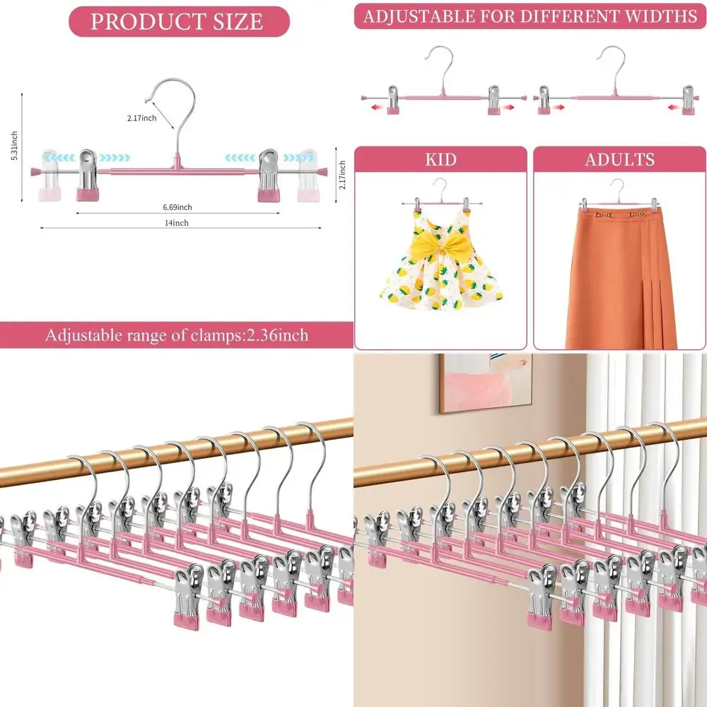 14 Inch 50-Piece Adjustable Metal Hangers with Clips for Skirts, Trousers, Jeans, and Shorts - Pink, Heavy Duty and Space-Saving
14 Inch 50-Piece Adjustable Metal Hangers with Clips for Skirts, Trousers, Jeans, and Shorts - Pink, Heavy Duty and Space-Saving