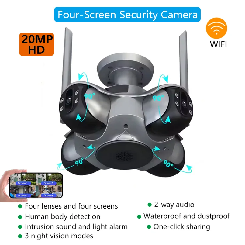 20MP HD 4 Screens WiFi Security Camera Wireless Outdoor Surveillance Cam Smart Night Vision Human Auto Tracking IP Camcorder
20MP HD 4 Screens WiFi Security Camera Wireless Outdoor Surveillance Cam Smart Night Vision Human Auto Tracking IP Camcorder